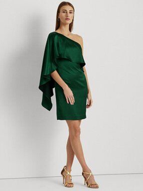 Lauren Ralph Lauren One Shoulder Sheath Cocktail Dress 14 Satin Emerald Green